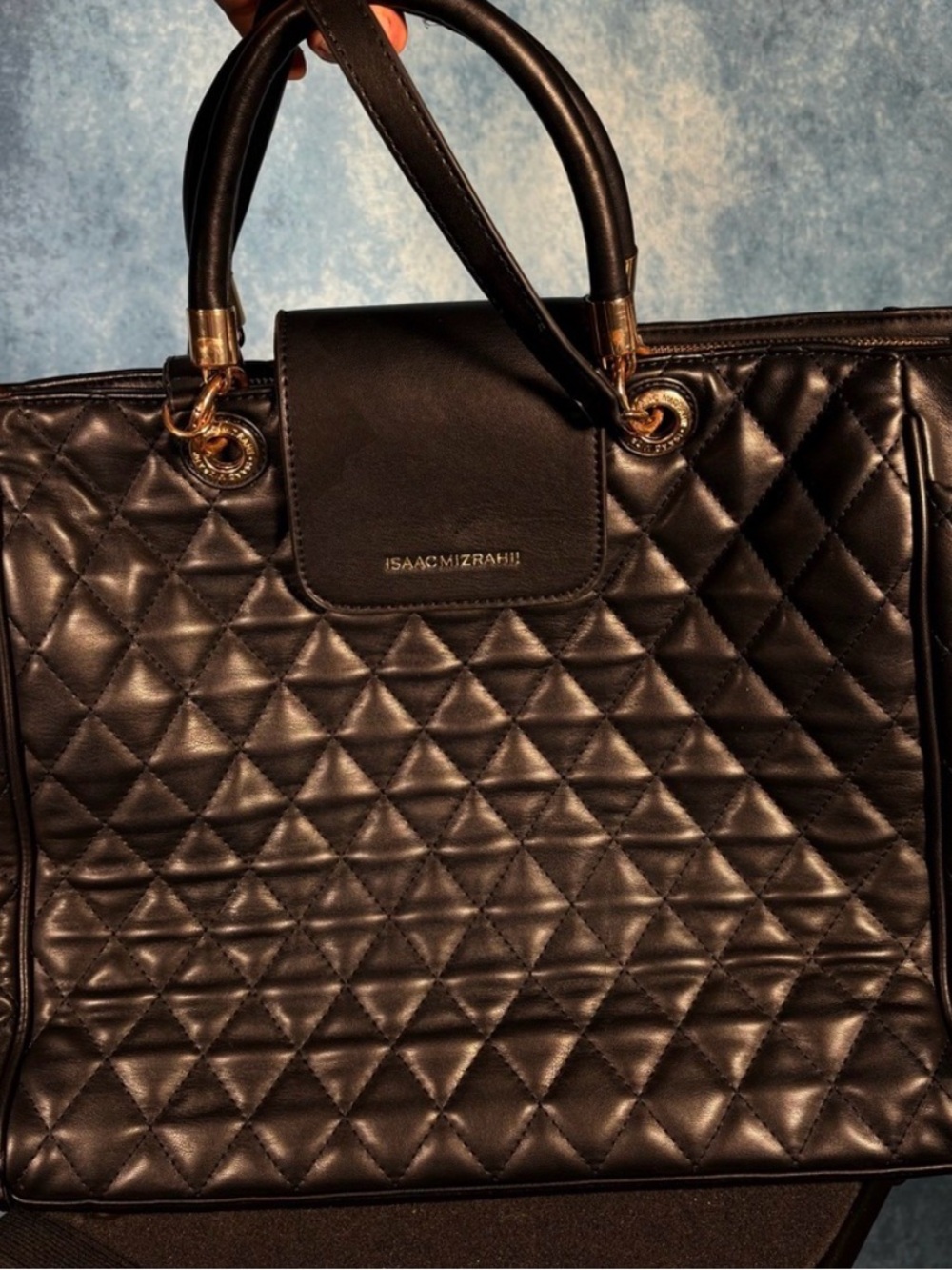 Isaac Mizrahi Black Quilted Leather Tote with Gold Hardware